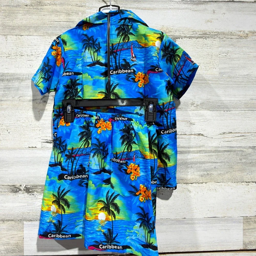 Rima Shirt Shorts Set Boys Small Blue Tropical Caribbean Beach Vacation NWT